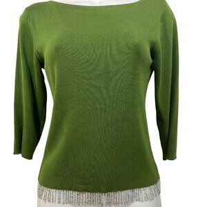 CLIO PETITES olive green sweater top with bead fringe hem Women PS